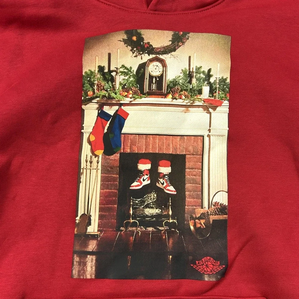 Jordan Hoodie Mens Small Red Christmas Air Jordan 1‎ Graphic Pullover Sweatshirt